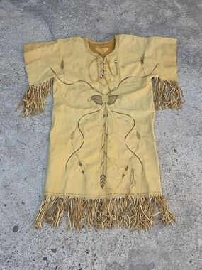 Vintage Leather Fringed Eagle Southwestern Pyrography Dress Handmade Native